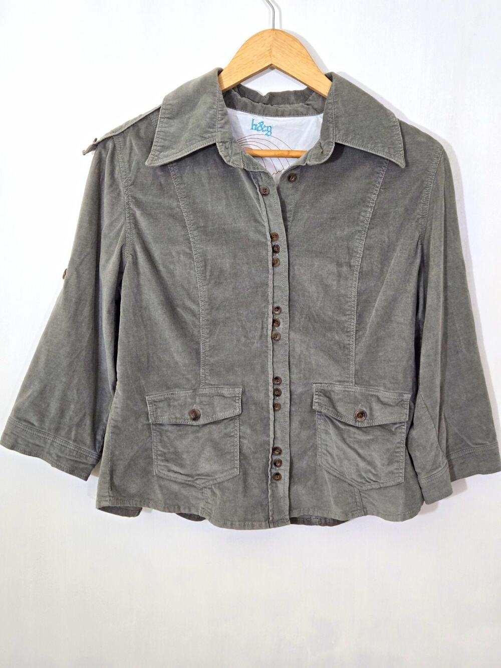 VTG Corduroy Cotton Button Front Jacket Military boho Embroidered Rainbow Dove L